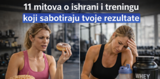 Mitovi o ishrani i treningu – žena u teretani poredi brzu hranu i suplemente koji mogu sabotirati rezultate
