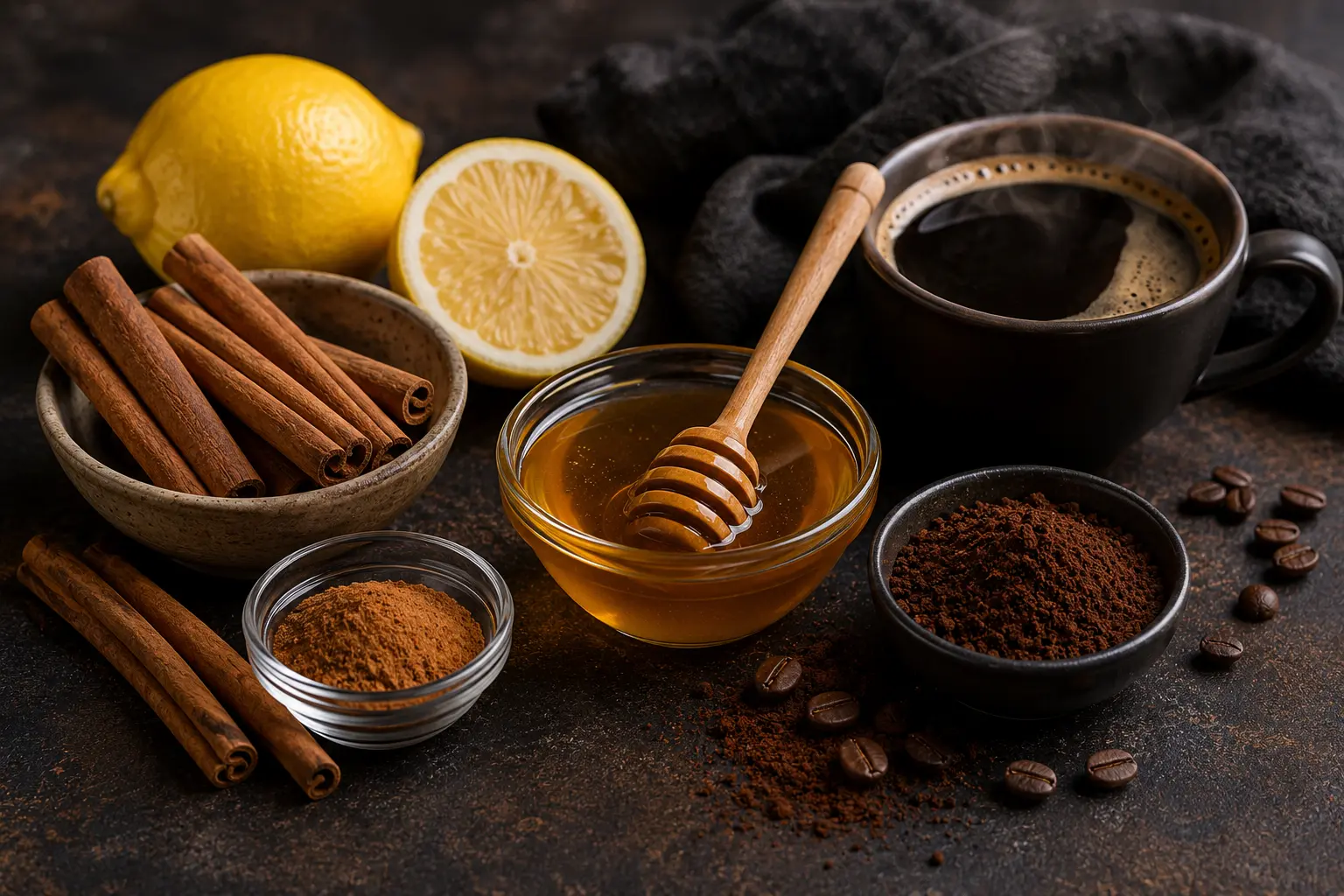 Cimet, med, kafa i limun kao simbol viralnih kućnih recepata i kombinacija hrane za metabolizam i zdravlje.