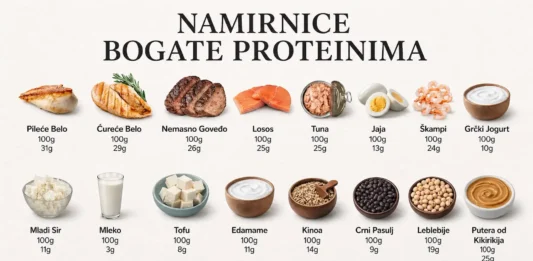 namirnice bogate proteinima – piletina, govedina, losos, jaja, tofu i mahunarke po gramazi proteina