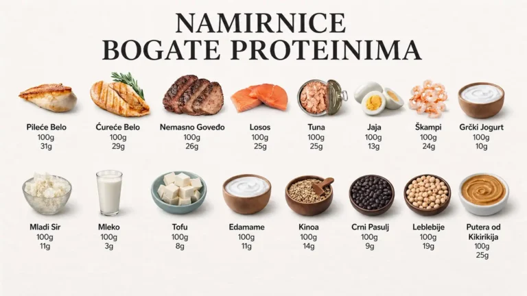 namirnice bogate proteinima – piletina, govedina, losos, jaja, tofu i mahunarke po gramazi proteina