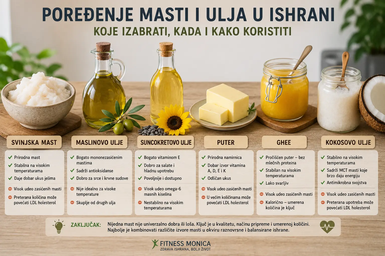 Poređenje svinjske masti, maslinovog ulja, suncokretovog ulja, putera, ghee-a i kokosovog ulja u ishrani.