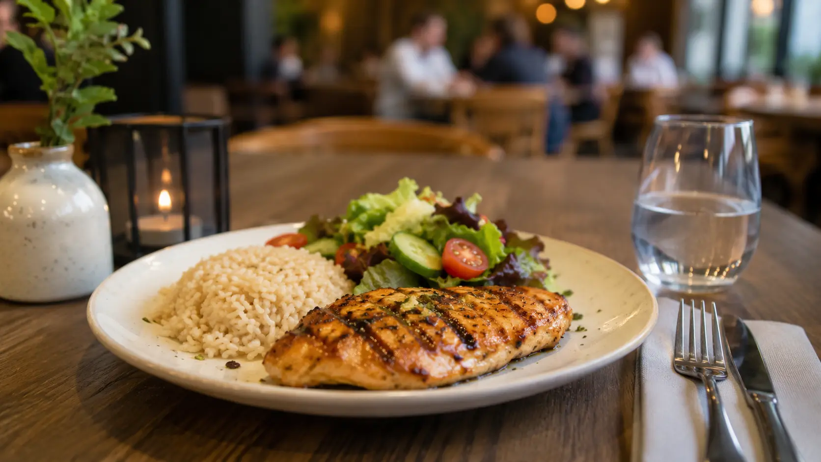Tanjir sa proteinom, pirinčem i salatom u restoranu kao primer kako restoran može biti deo dijete za mršavljenje