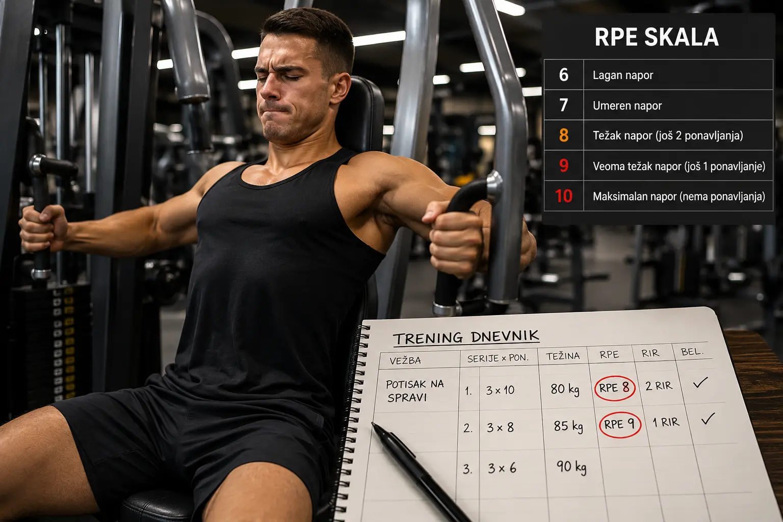 RPE skala napora u teretani uz vežbača koji završava tešku kontrolisanu seriju na spravi