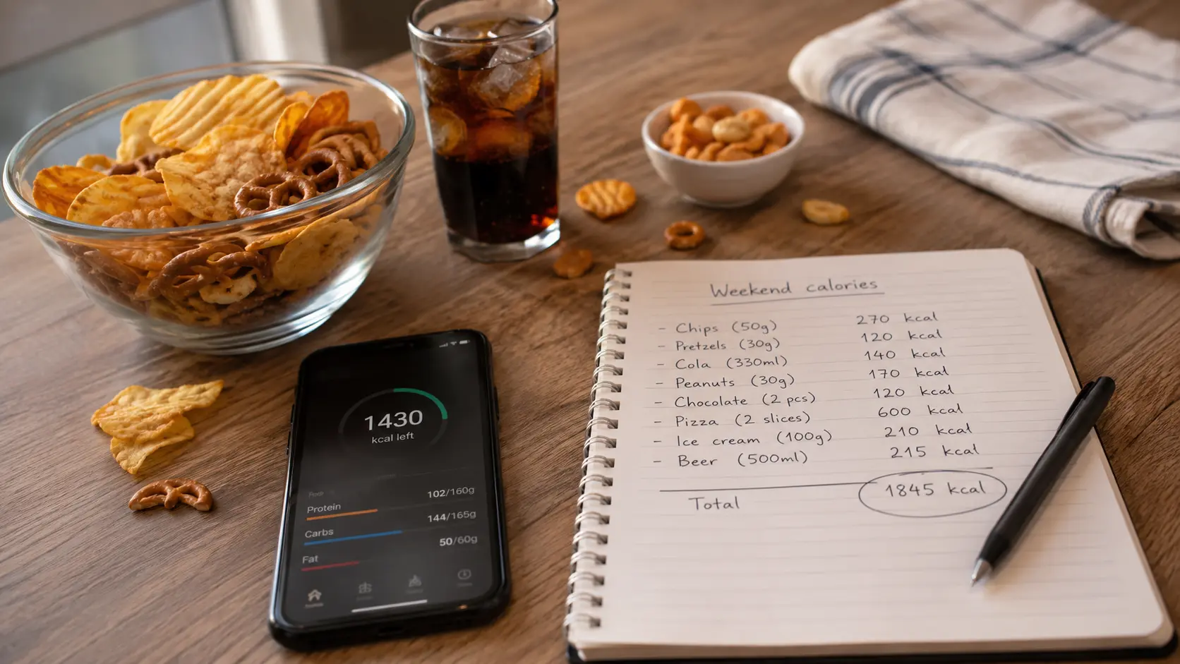 Vikend grickalice, piće, telefon i notes sa kalorijama kao primer skrivenih kalorija koje mogu usporiti mršavljenje